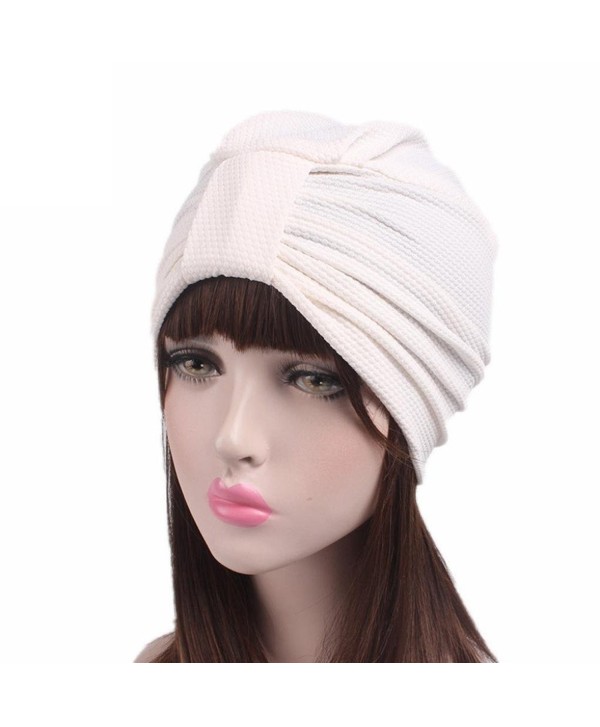 Qingfan Women Solid Pre Tied Yoga Cancer Chemo Hat Beanie Turban Stretch Head Wrap Cap - White - CJ185A3TT0E
