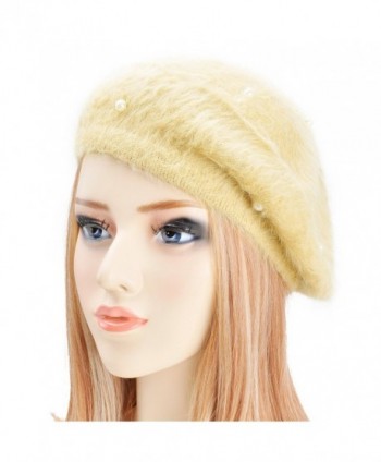 ZLYC Womens Rabbit Fur French Beret Hat With Pearl Ornament - Champagne - C01266YC1TD