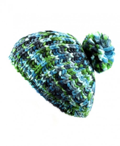 The Hat Depot 700HAT-50 Multi Color Knit Beret Tam Hat with Pom Pom - Blue/Green - CT128LYVVJH