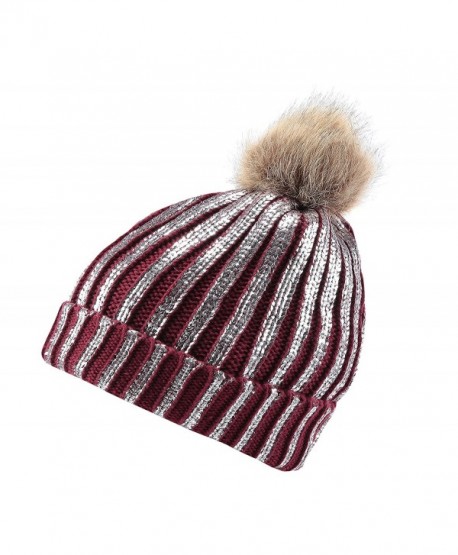 Winter Chunky Knit Party Metallic Shiny Beanie Skull Pom Pom Hats Cap - Burgundy Silver - CG1863GDZ9Q