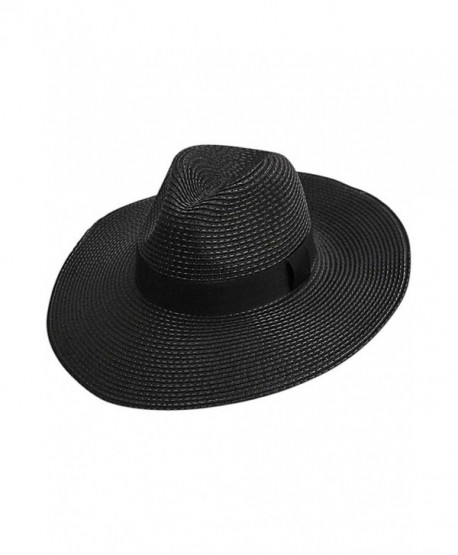 Woven Straw Wide Brim Panama Style Sun Hat - Black - C612FFTJNIR