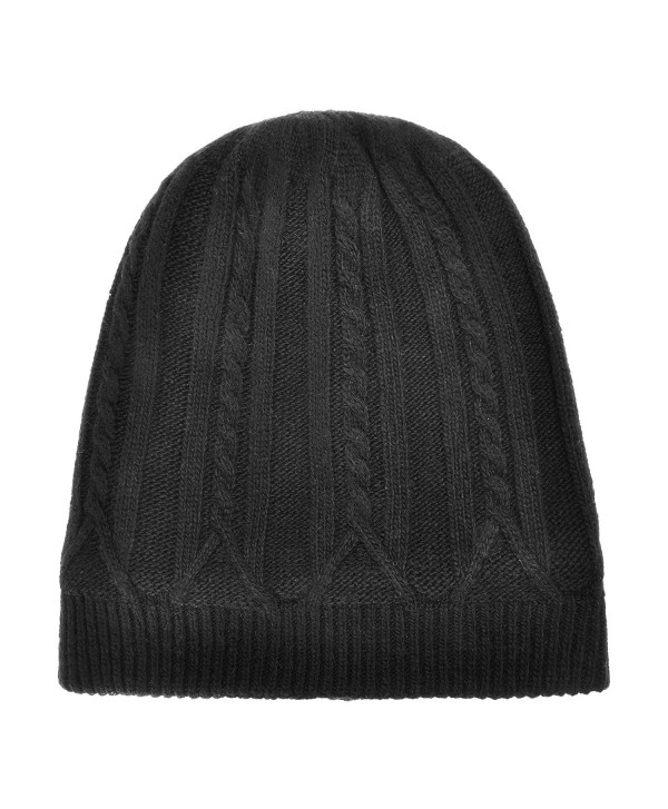 Unisex Winter Warm Cable Knit Beanie Hat Skull Cap with Fleece Lining - Black - CO186XRZL2N