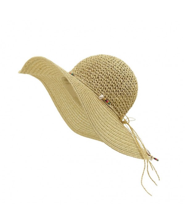 LETHMIK Straw Hat Womens Summer Beach Sun Hat Manual Wampum Ladies Floppy Wide Brim Hat - Beige - CZ12EOCQN9X