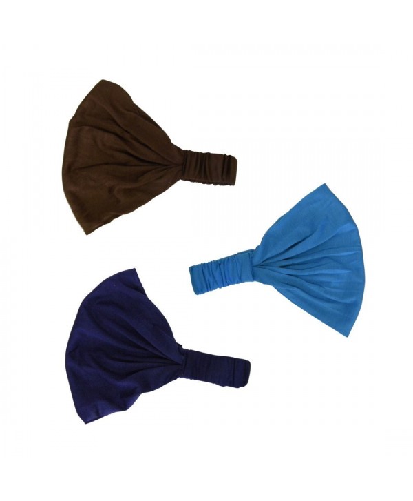 Set of 3 Wide Cotton Head Band Solid Boho Yoga Style Soft Hairband Blue Brown Purple - Blue Brown Purple - CH12B27GPRX