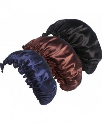 Ababalaya Women's 3pcs Soft Elastic Silk Solid Nightcap Hair Care Chemo Beanie - Black+navy Blue+coffee - CV185Z2NIUW