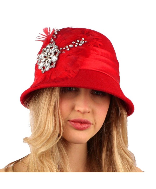 Winter Wool Feathers Rhinestones Cloche Bucket Church Hat Cap Adjustable - Red - CT11FVHEKH3