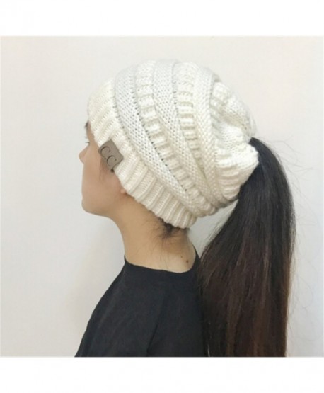 Heyuni. Women BeanieTail Soft Stretch Cable Knit Messy High Bun Ponytail Beanie Hat-White - White - C7188ZKSSEY