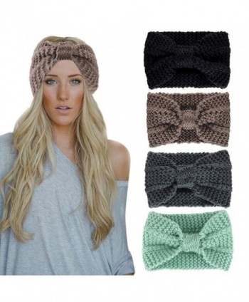 Misscat Women Girls Knit Crochet Bow Headband Head Wrap Hat Ear Warmer - Khaki - CJ12O0P6XMY