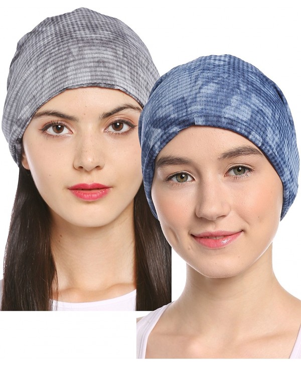 Ababalaya Women's Soft Breathable 3-Way Solid Knit Chemo Beanie Turban Headband Nightcap - Sapphire+gray - C3182G0I8UD