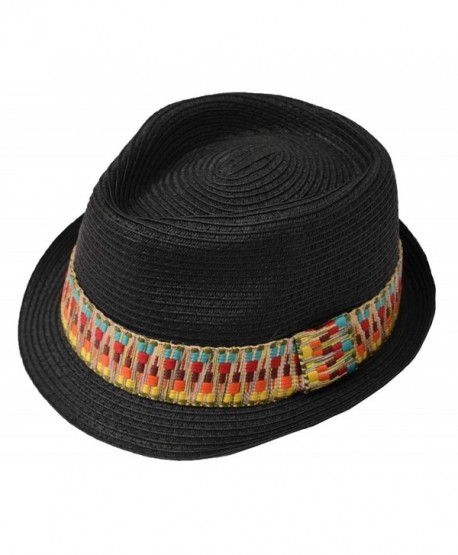 Straw Fedora Hat with Rainbow Band Medium Black - CR119B9MZER