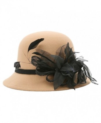MatchLife Women's Vintage Wool Blend Felt Cloche Winter Hat with Fascinator Retro Warm Bowler Hat - Style 2-khaki - CL185QMK424