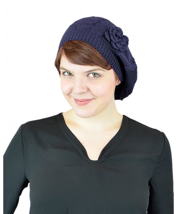 Belle Donne - Women's Mesh Crocheted Accented Stretch Beret Hat - Many Colors - Navy 4082 - CP12EZVVBYZ