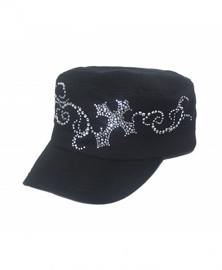 Flower Design Cross Rhinestone Flattop Visor Cadet Hat - CU119GFCY33