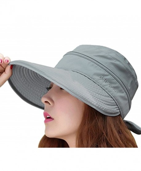 Womens 2in1 Wide Brim Summer Folding Anti-UV Golf Tennis Sun Visor Cap Beach Hat - Grey - CX12E3YZAFT