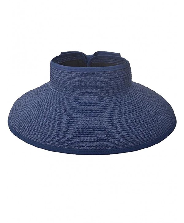 Zgllywr Women UPF 50+Packable Crushable Roll Up Wide Brim Sun Visor Beach Straw Hat - Navy - CA17YWHHKAS