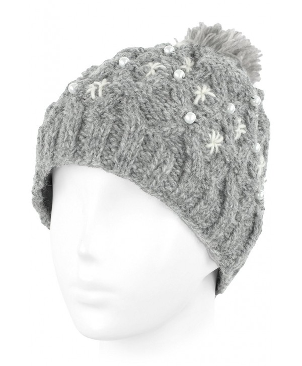 Knit Wool Beanie Skull Cap Toque With Fleece Lining - Oxford Gray- White Pompom - CS129ZTCAJB