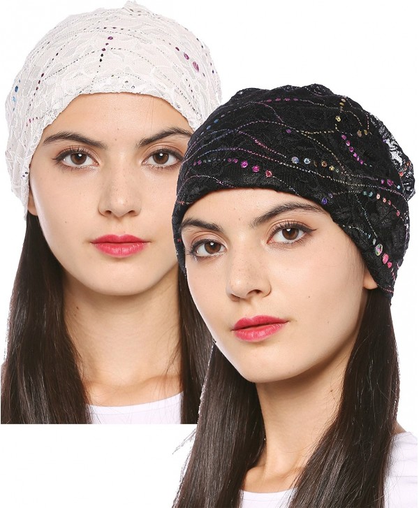 Ababalaya Women's Soft Breathable Floral Sequins Lace Turban Chemo Beanie Nightcap - Black+white - CI183KCAU4T