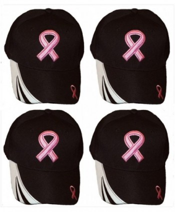 Set Of 4 Breast Cancer Awareness Pink Ribbon Baseball Caps Hats / Pink on Black - C311PUVWOZ5