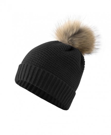 Women's Winter Thick Knit Fur Pom Pom Beanie Hats - Black - CT186G3U7Z4