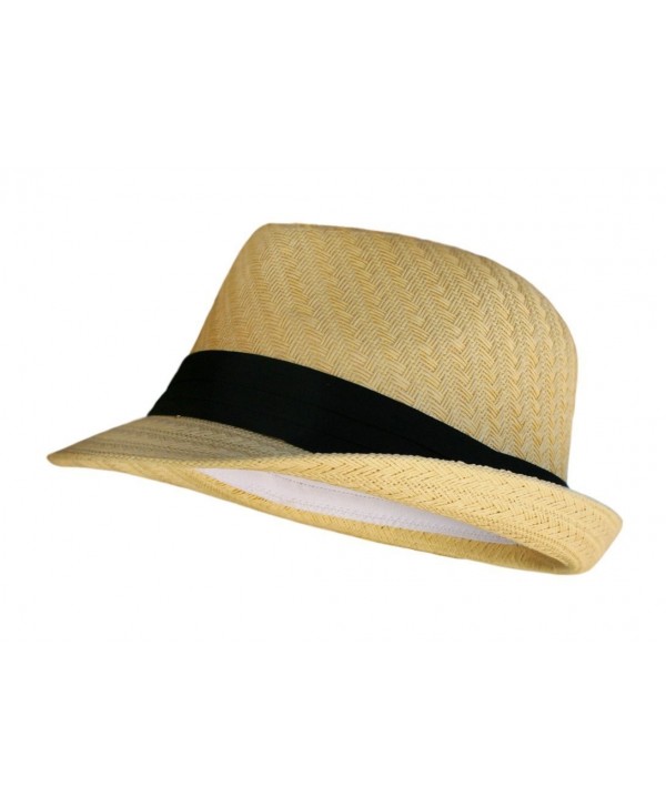 Fedora Hat - Natural Color Straw with Black Band- Natural- One Size - C9115VN8ZVT