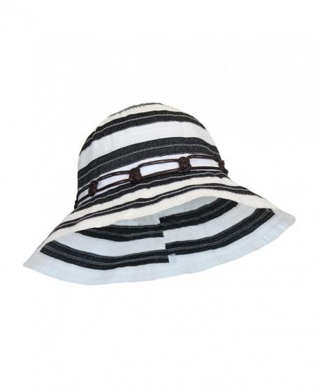 Boho Ribbon Crusher Round Crown Bucket Sun Hat SPF UPF 50 UV Protection Packable - Black & White - CM12E31Q1NN