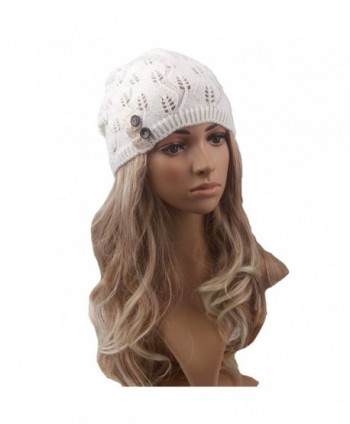 Tinksky Women Winter Warm Knit Hat Snow Ski Caps Lace Button Leaves Hollow Out Knitting Hat (White) - C212MXTTXZ5