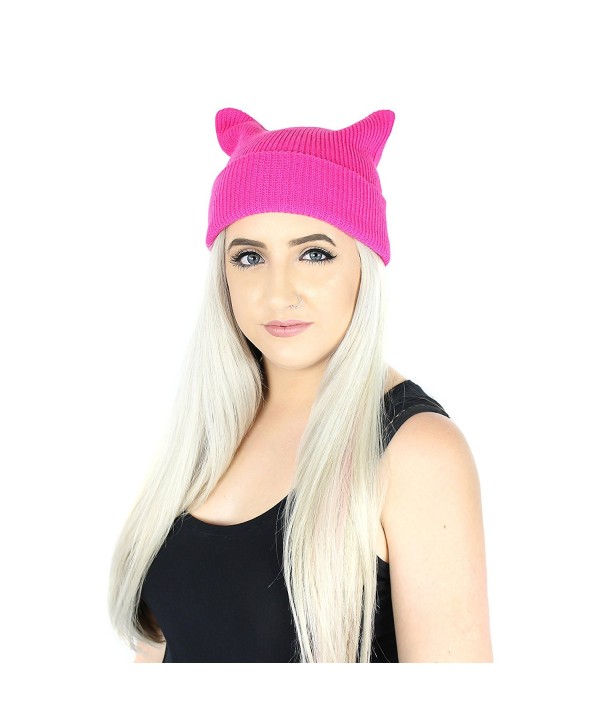 Elliott and Oliver Co. Girl Power Kitty Cat Ears Beanie Knit Hat Warm Knitted Winter Cap With Cuff - Hot Pink - C0186H9IX52