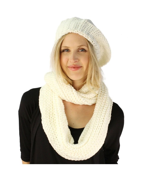 Ladies 2pc Winter Knit Beret Tam Beaniel Hat Long Infinity Scarf Solid Set - Ivory - CO11P5F0ORV
