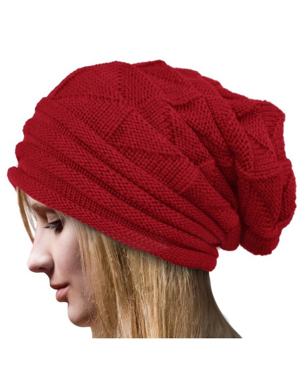 Dealzip Inc Stylish Unisex Brown Woven Knit Crochet Plicated Baggy Slouch Warm Winter Hat Cap Beret Beanie - Red - CJ12IC0J9DZ