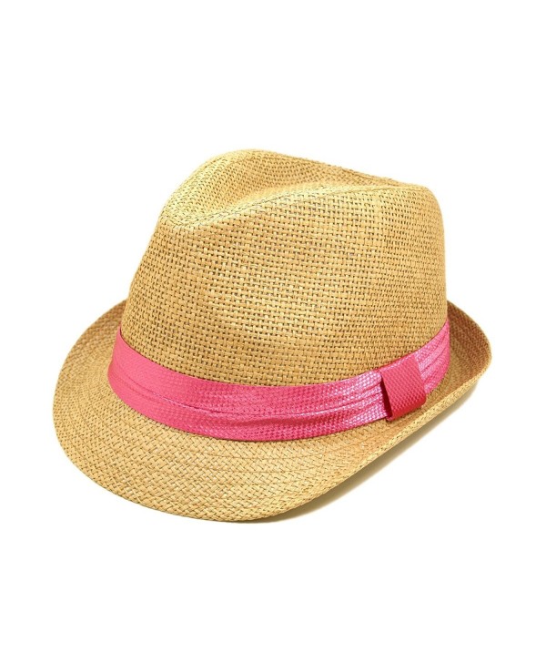 Classic Tan Fedora Straw Hat with Pink Band - CE11076FX7J