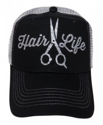 Silver Glitter "Hair Life" Scissor Black/Grey Trucker Cap Hat Hair Stylist - CF12FQ9HE8H