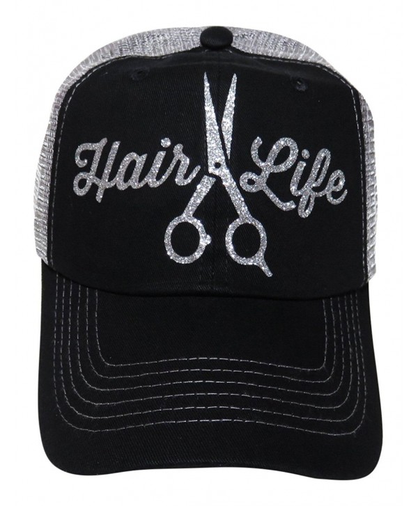Silver Glitter "Hair Life" Scissor Black/Grey Trucker Cap Hat Hair Stylist - CF12FQ9HE8H