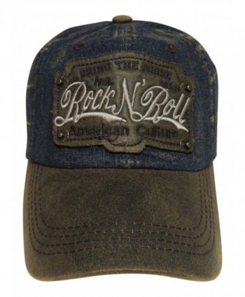 Rock N Roll Washed Denim Baseball Cap Headwear Hat - Dark Denim/Brown - CW12KWFJJMT