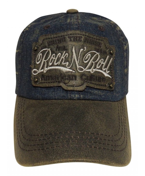 Rock N Roll Washed Denim Baseball Cap Headwear Hat - Dark Denim/Brown - CW12KWFJJMT