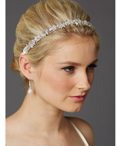 Mariell Crystal Cluster Bridal Wedding Headband Hair Vine with White Satin Ribbon - CV12G8Z5FBV