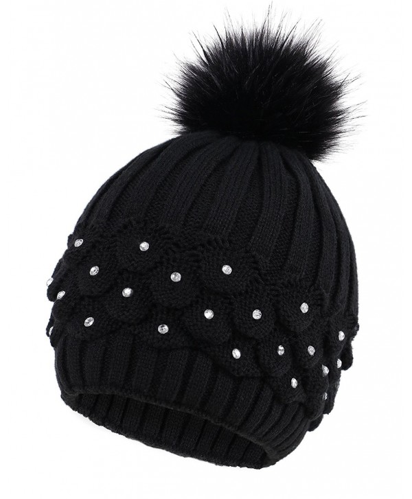 Arctic Paw Cable Knit Beanie with Sequins and Faux Fur Pompom - Black - CI185LZO3Y3