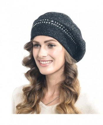 Women's Casual Rabbit Beret with Rhinestone Oversize - Black - CC126WGLCIL