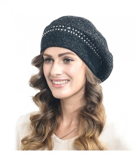 Women's Casual Rabbit Beret with Rhinestone Oversize - Black - CC126WGLCIL