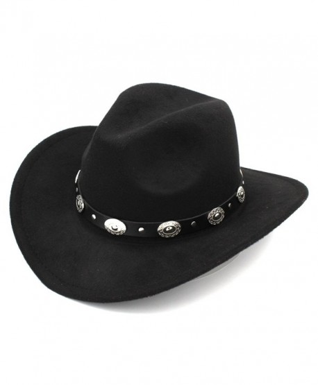 Elee Womem Men Wool Blend Western Cowboy Hat Wide Brim Cowgirl Jazz Cap Leather Band - Black - C2186I9Z8X7