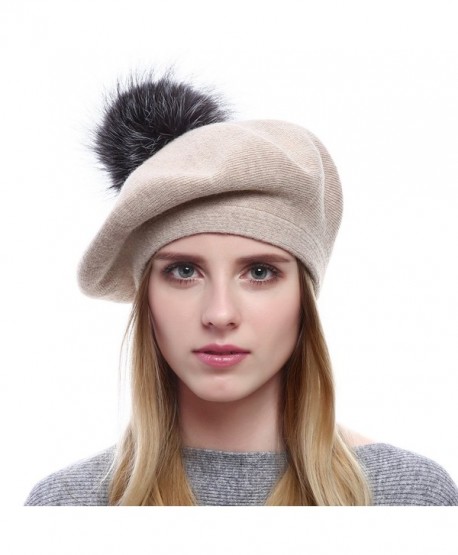 Moncey Winter Berets For Womens Wool Beanies Knitted Cashmere Hats With Fox Fur Pompom - Beige - CA187Q097DR