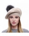 Moncey Winter Berets For Womens Wool Beanies Knitted Cashmere Hats With Fox Fur Pompom - Beige - CA187Q097DR