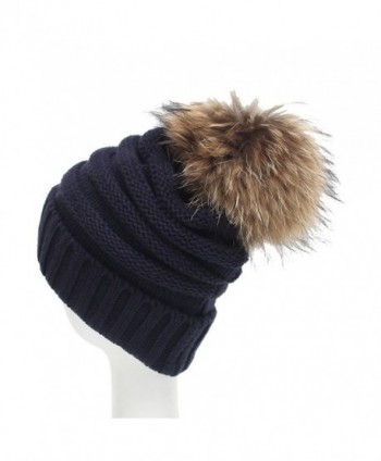 Century Star Women Solid Fall And Winter Soft Cap Knit Cable Beanie Fluffy Fur Pom Pom Hat - Navy - CF186ZS08E9