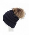 Century Star Women Solid Fall And Winter Soft Cap Knit Cable Beanie Fluffy Fur Pom Pom Hat - Navy - CF186ZS08E9