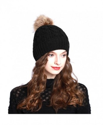 ANGELA & WILLIAM BN2346 Women's Winter Hand Knit Faux Fur Pompoms Beanie Hat - Black - C812NDT53PM