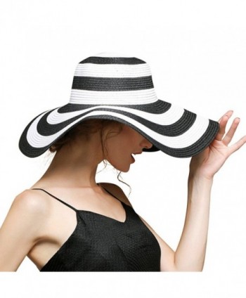 Beach Hats For Women Floppy Sun Stripes Woven Elegant Hats UPF 50+ White Black - Black White - CR182KCG9OD