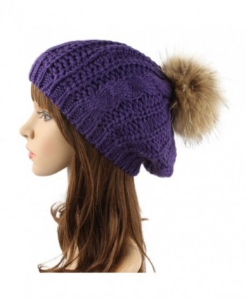Women Winter Slouchy Beanies knit with Raccoon Fur Pompoms Beanie Hat - Purple - CG1864G57IS