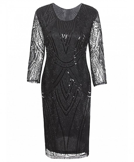 Vijiv Women 1920s Gastby Beaded Sequin 3/4 Sleeve Art Deco Embellished Flapper Dress - Black - CT187XWWSZK