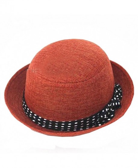 Womens Fedora Hats Bowknot Summer Straw Hat Roll Brim Bowler Derby Hat (Rust red) - C211O9N3JKJ