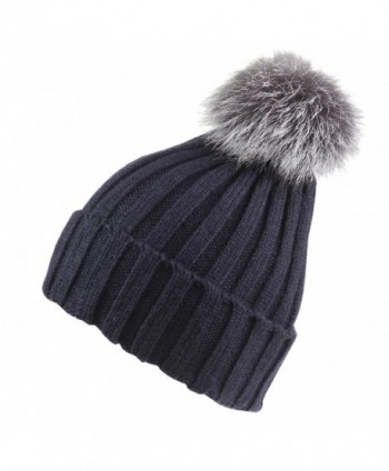 Connectyle Womens Girls Winter Knit Fur Hat Large Fox Fur Pom Pom Beanie Hat - Navy Blue - CH12N34653H