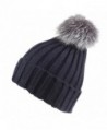 Connectyle Womens Girls Winter Knit Fur Hat Large Fox Fur Pom Pom Beanie Hat - Navy Blue - CH12N34653H
